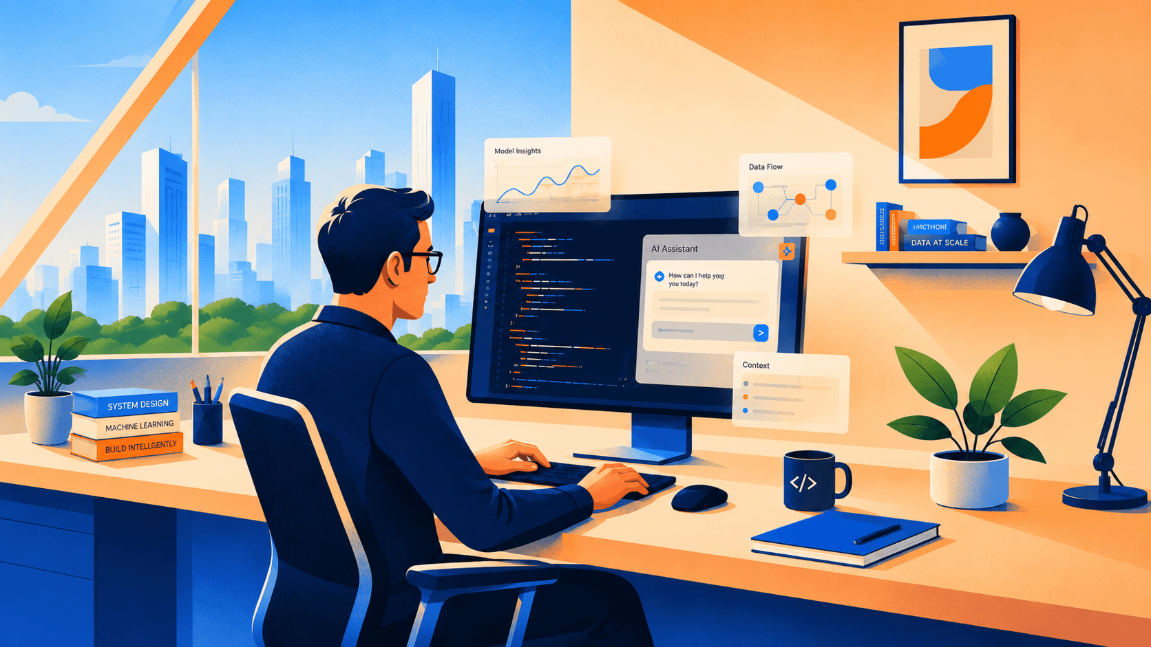 Illustration of an engineer building an AI assistant interface alongside model and data-flow panels