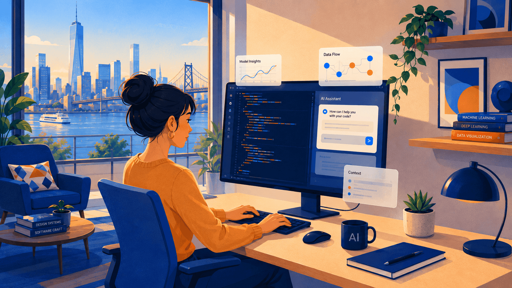 Illustration of a developer pairing with an AI assistant on a code and data-flow workspace