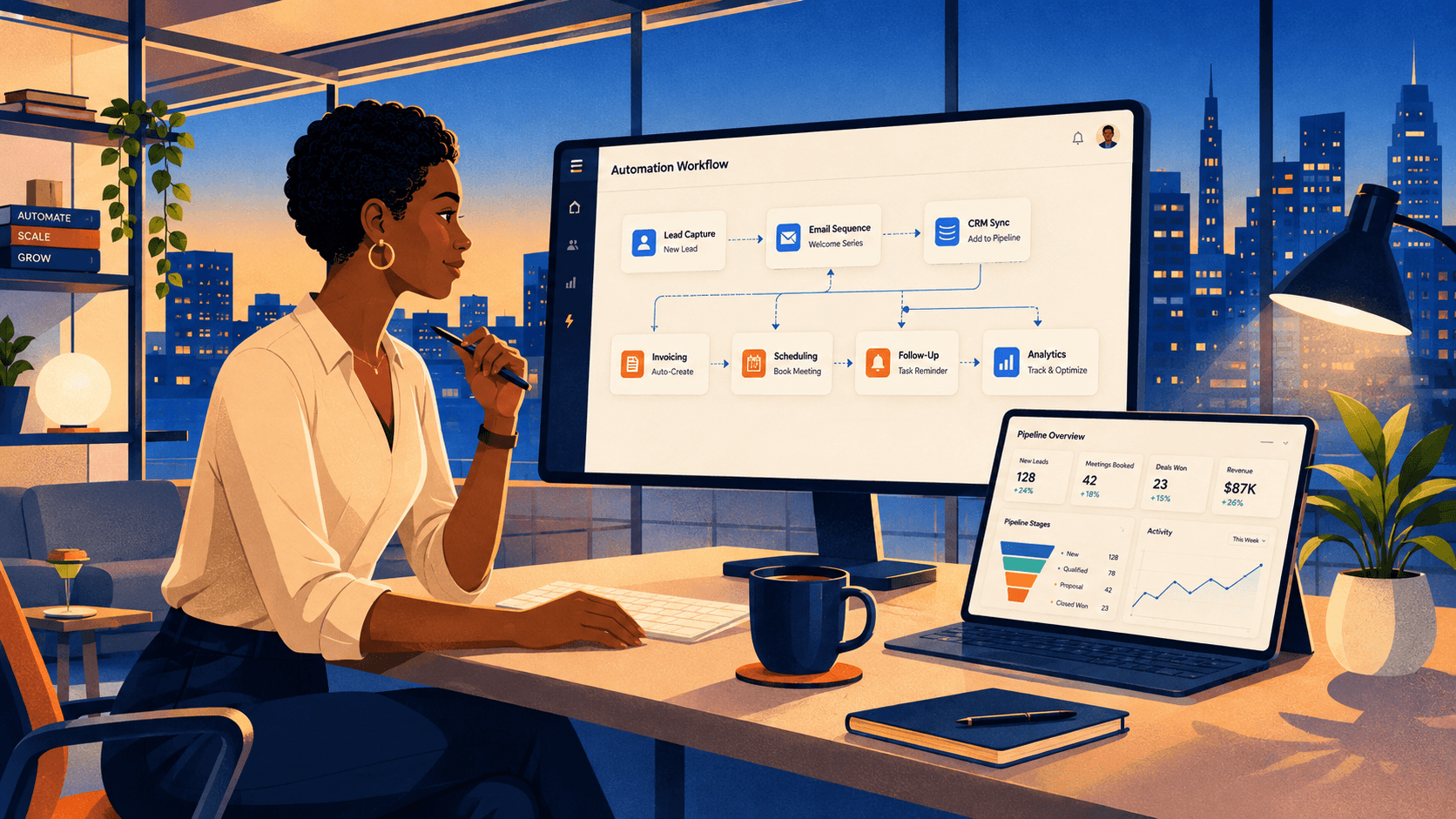 Illustration of an operator mapping an automated workflow from lead capture through follow-up and reporting