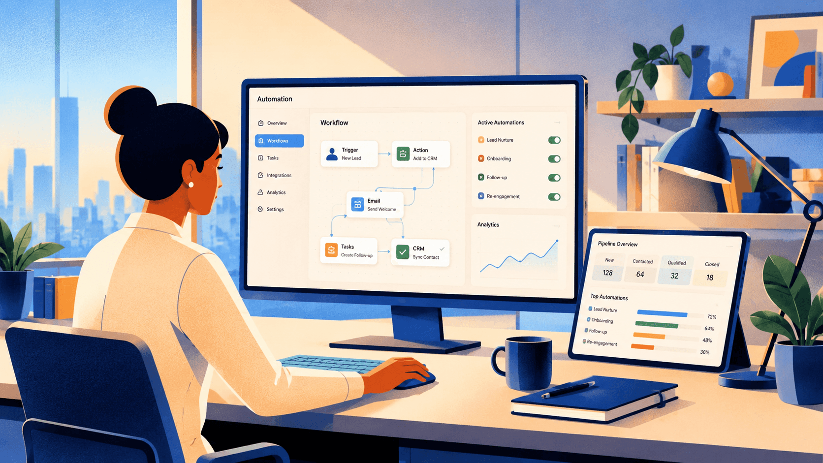 Illustration of an automation dashboard showing live workflows, active sequences and pipeline figures
