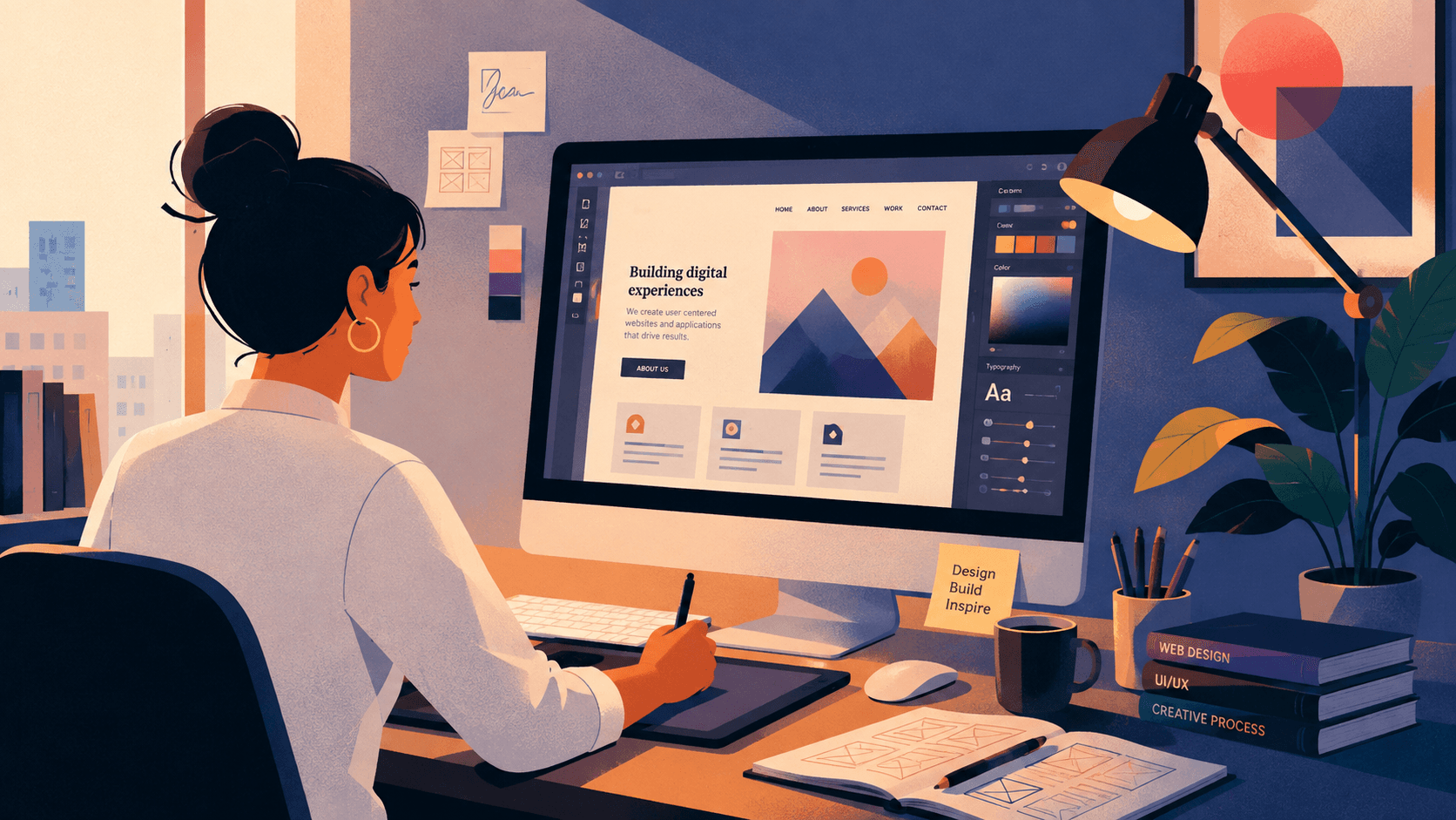 Illustration of a designer laying out a homepage on screen beside colour, type and component panels
