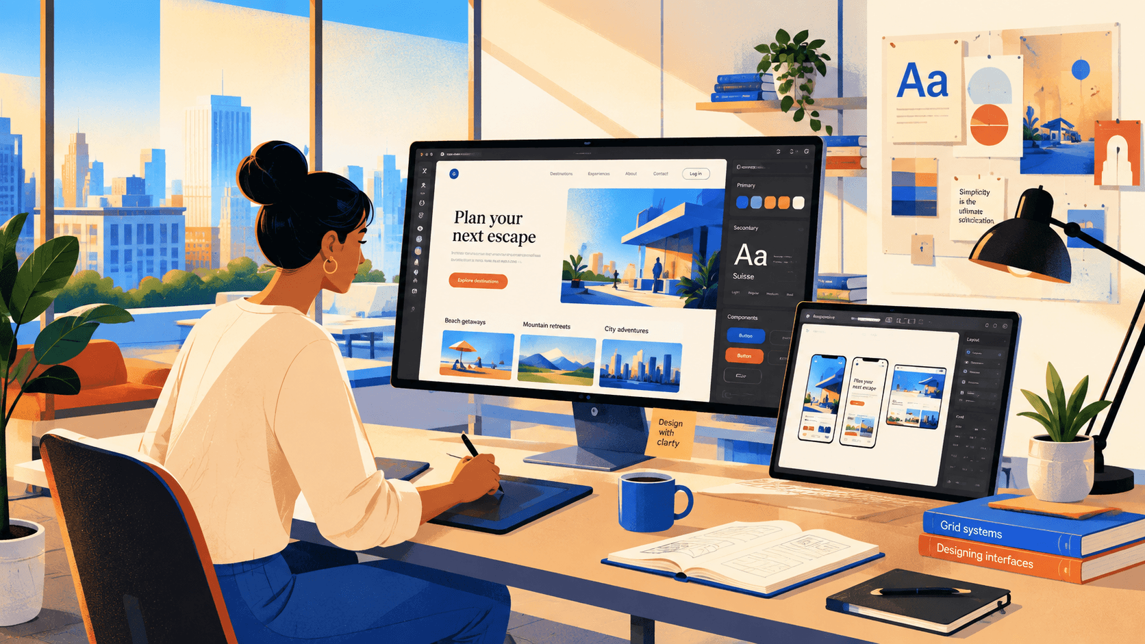 Illustration of a designer checking the same page design across desktop and mobile screens