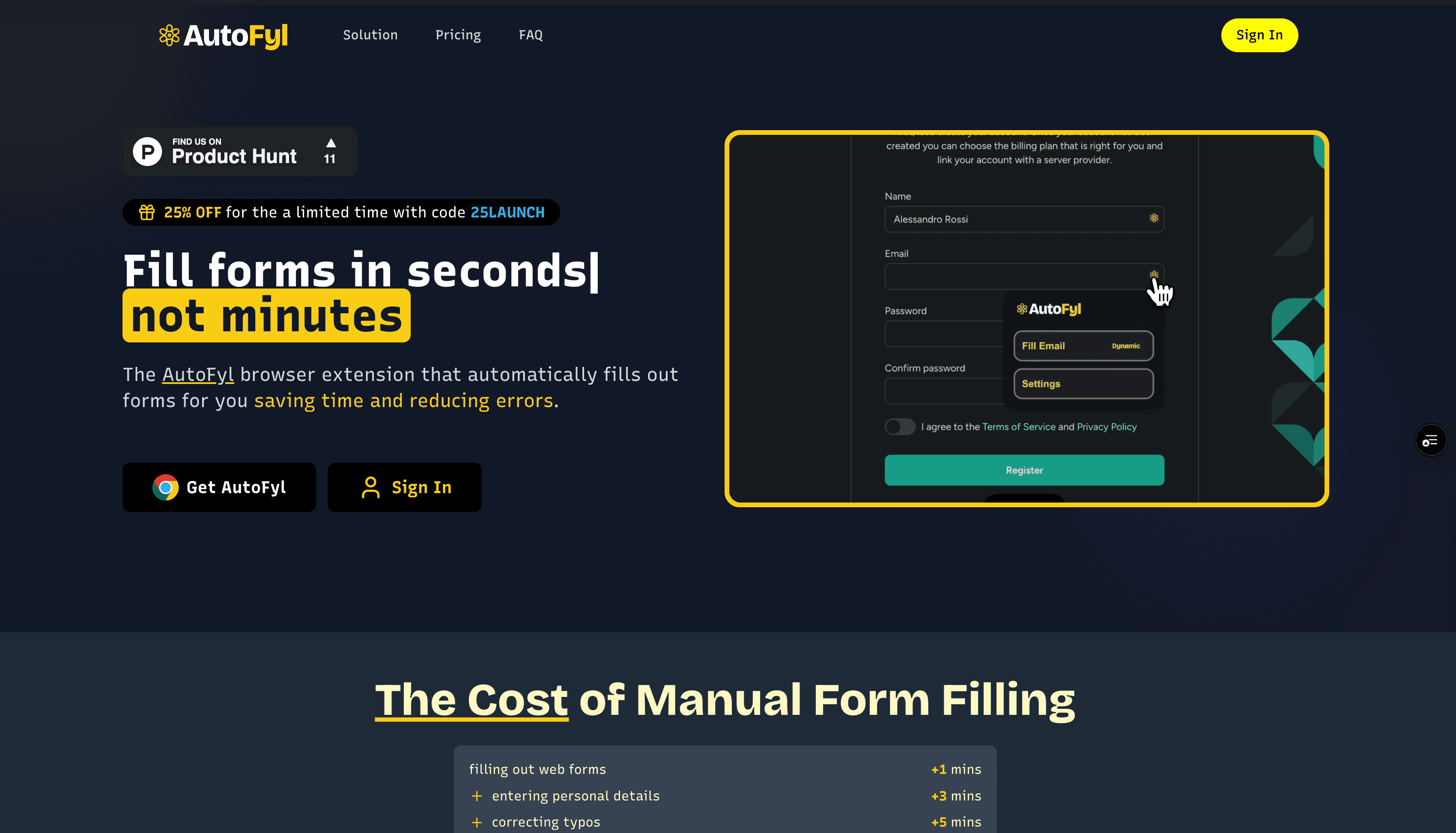 AutoFyl landing page — fill forms in seconds, not minutes