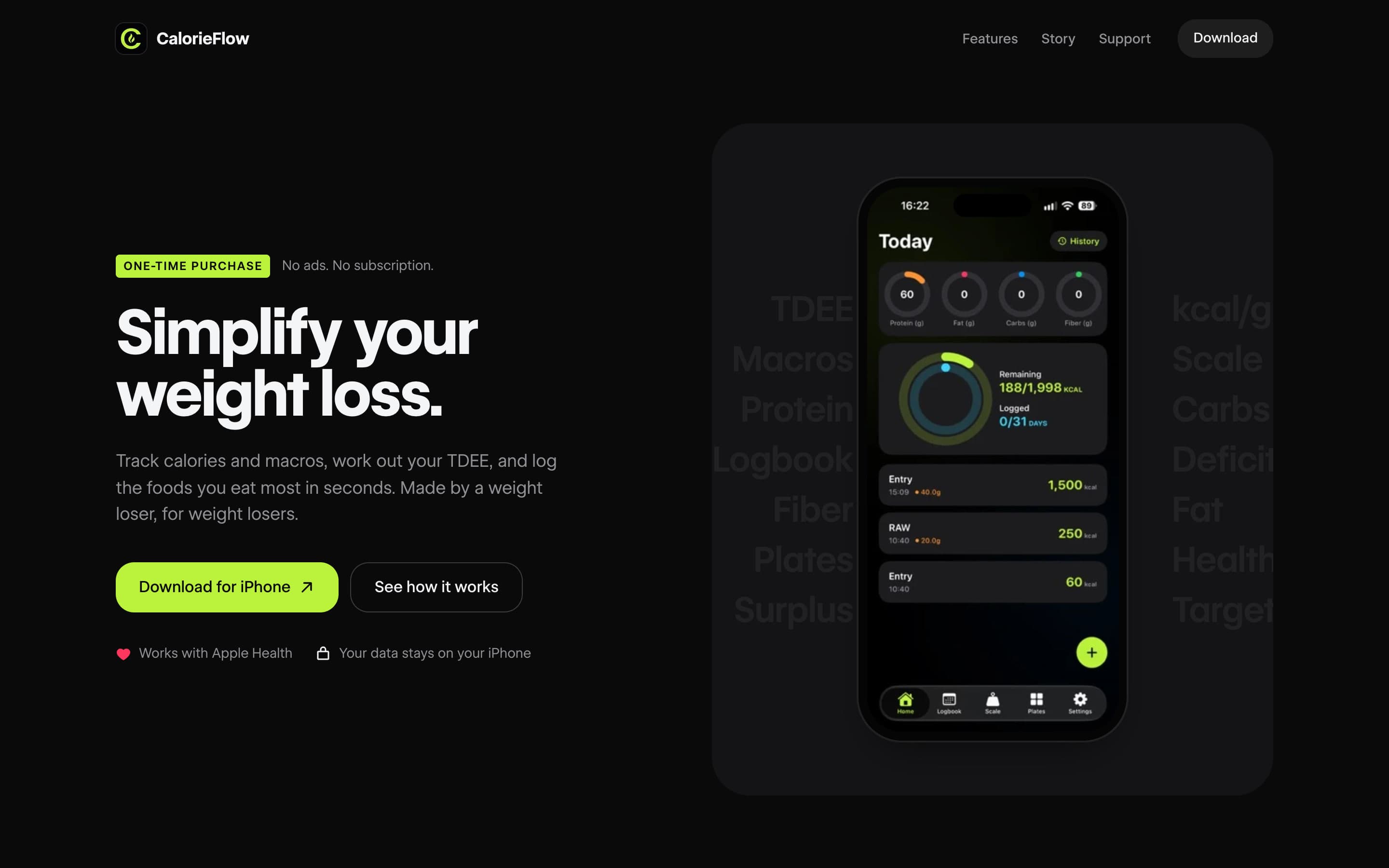 CalorieFlow landing page — simplify your weight loss journey