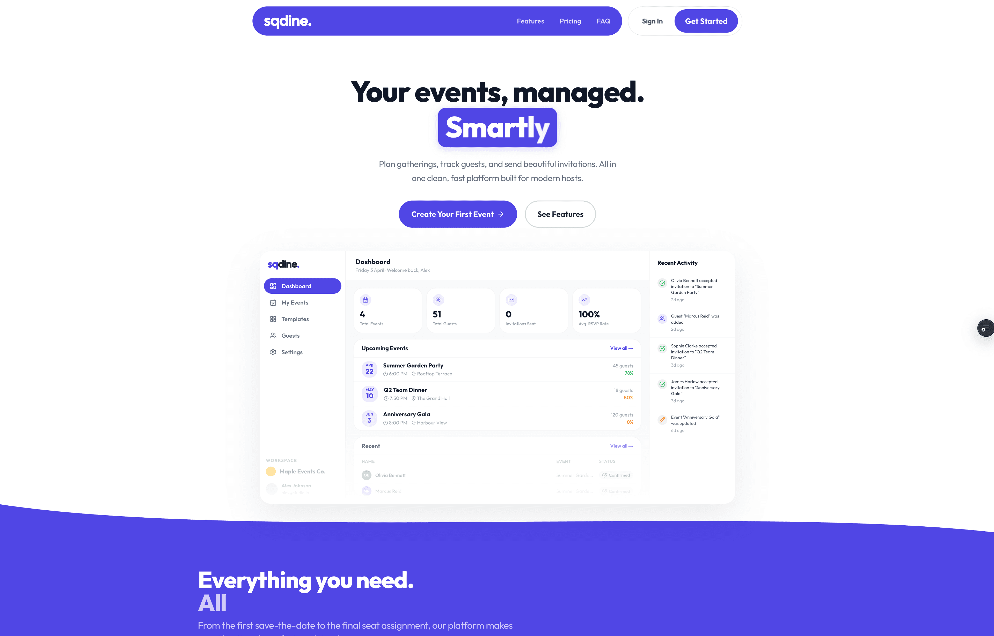 SqDine landing page — plan gatherings, track guests and send invitations