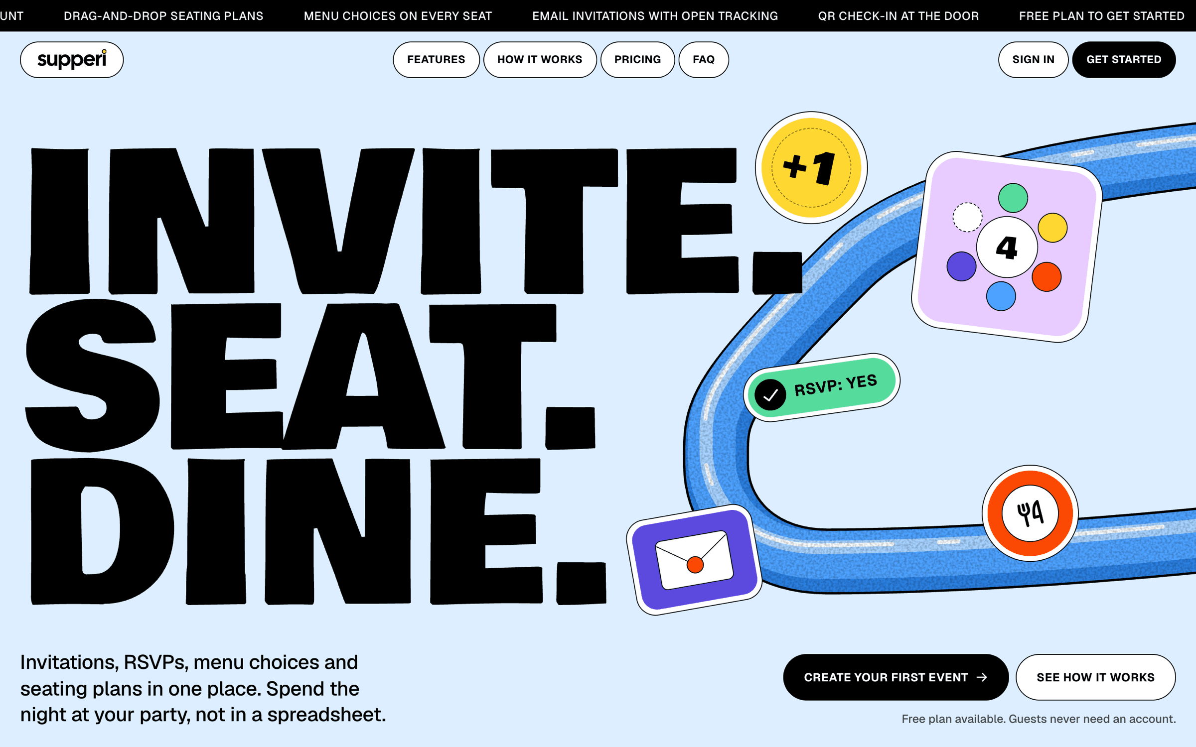 Supperi landing page — Invite. Seat. Dine. Invitations, RSVPs, menu choices and seating plans in one place