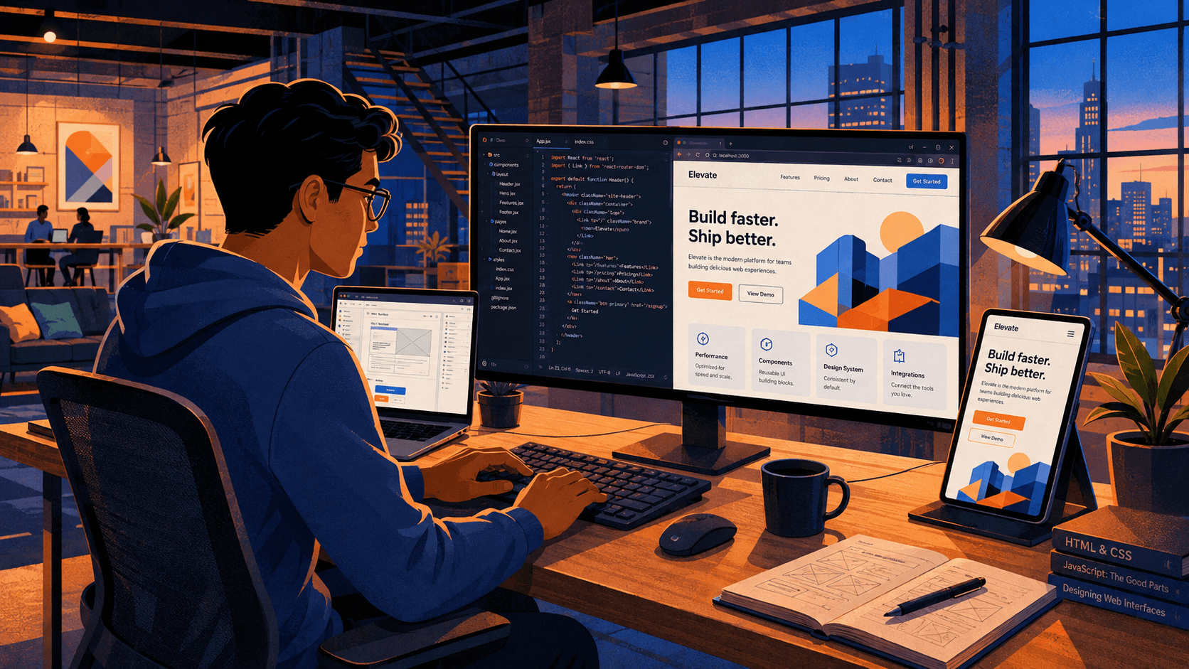 Illustration of a developer building a marketing site, editor and live preview side by side