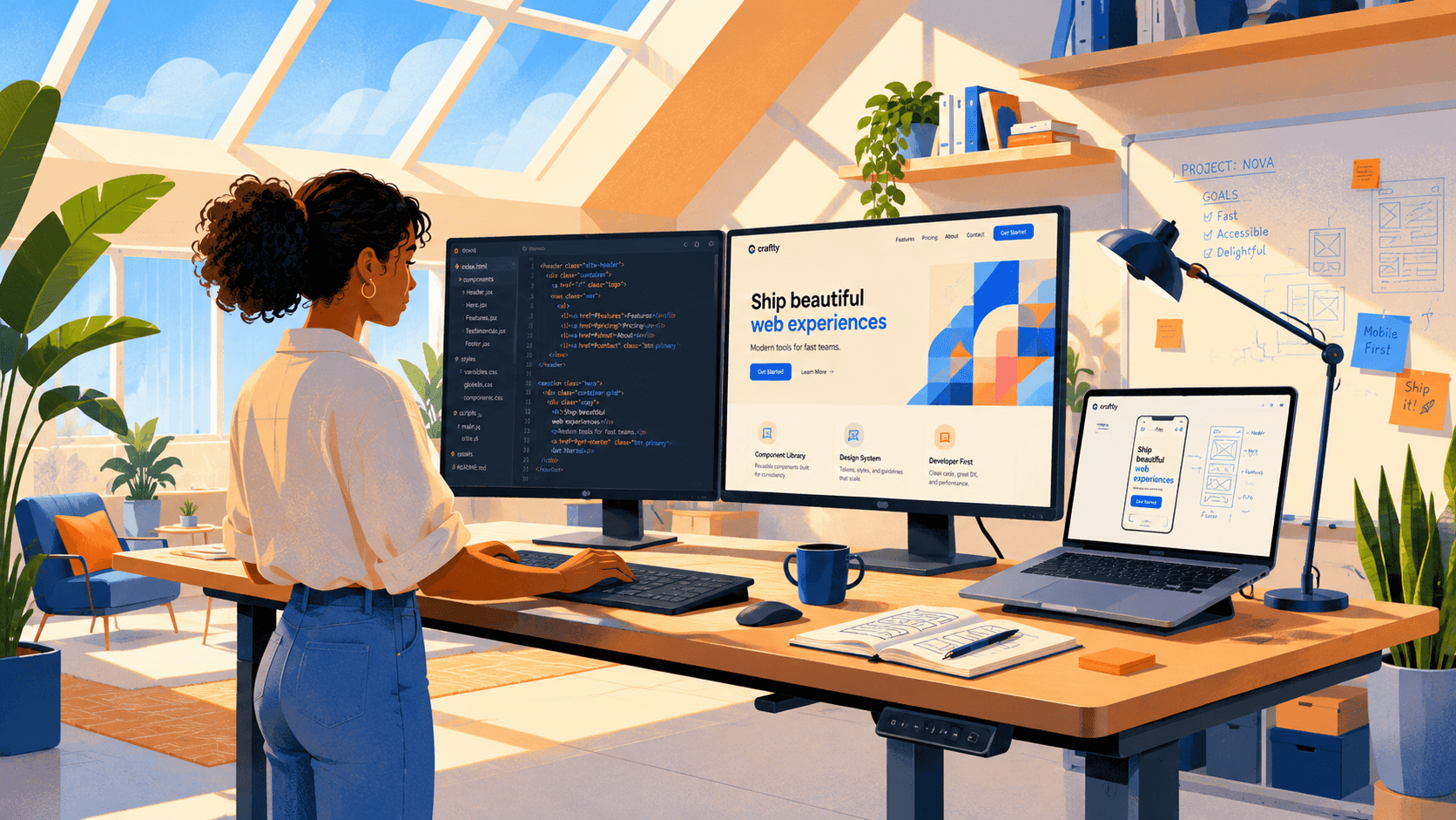 Illustration of a designer working across desktop and mobile layouts of the same site